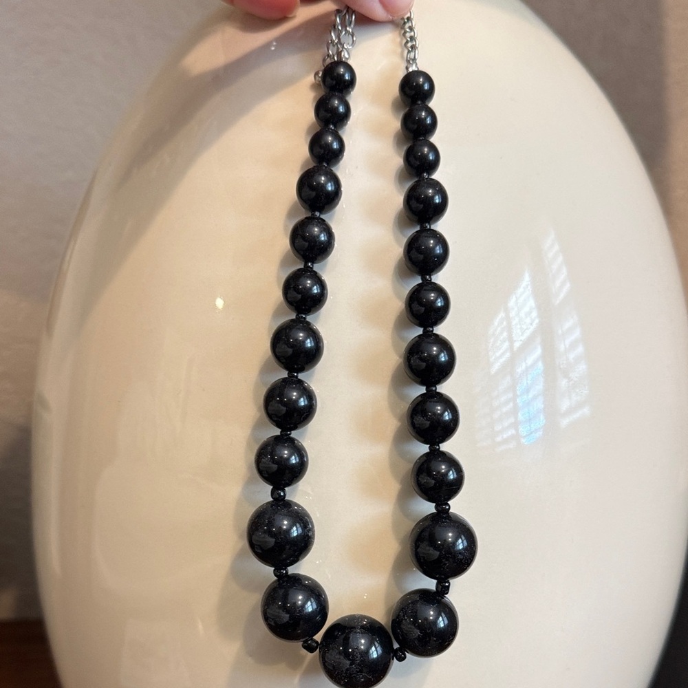 Elegant Black Beaded Necklace 15-17.5”